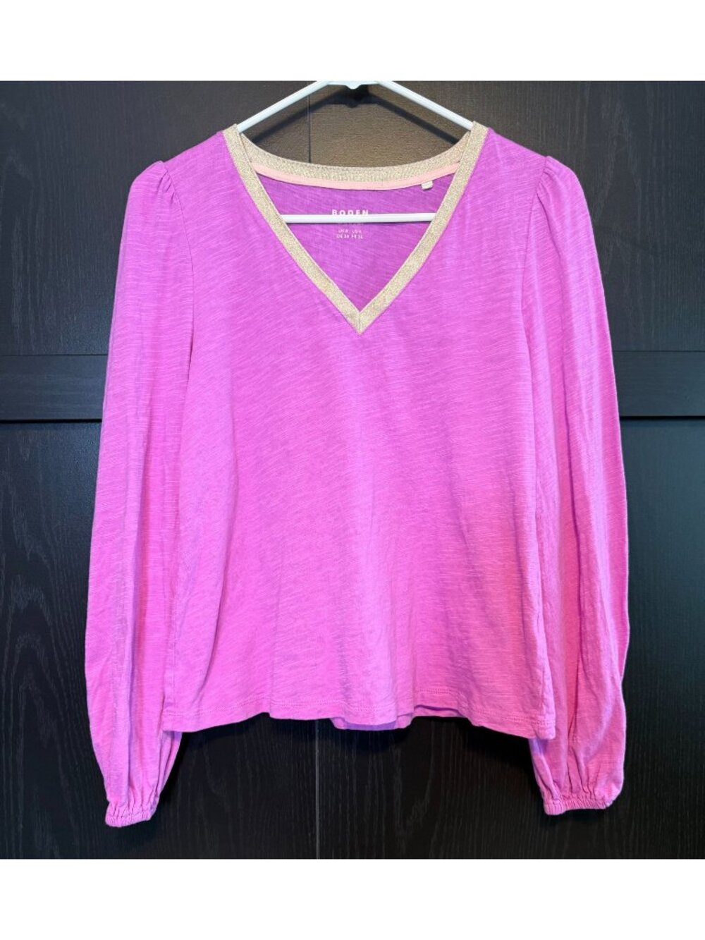 Boden Fuchsia Pink V-Neck Metallic Trim Long Puff Sleeve Top Size 4 Preppy